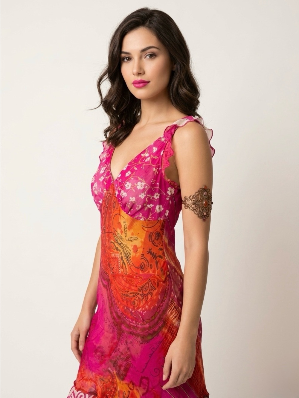 NWT Jasmine by KVM Boho Midi Dress Size L Ruffle Paisley Floral Pink Orange